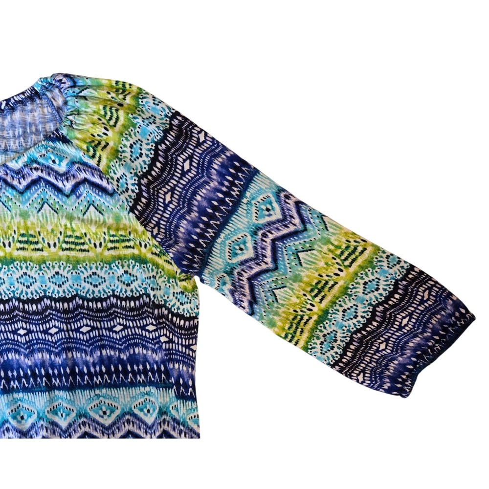 Jones New York Sport Women XXL Blue Green Ikat Geometric 3/4 Sleeve Peasant Top - Picture 3 of 8
